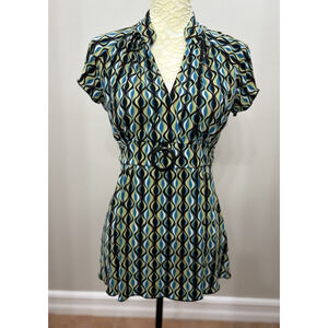 Vintage y2k Babydoll Top Small Black Green Geometric Tie Back V Neck Lettice Hem